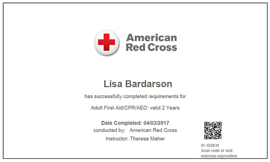 Amer Red Cross Certificate LISA BARDARSON